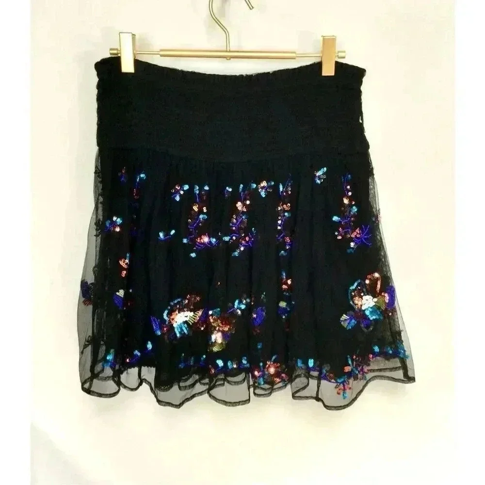 Anthropologie Womens Size XS Sequin Mini Skirt‎ Black Tulle Embroidered Flowy